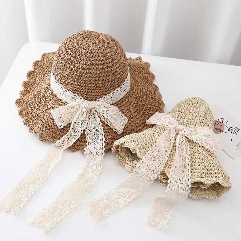 Nón mũ cói rộng vành thắt nơ ren xinh phong cách Hàn Quốc cho bé từ 3-7 tuổi