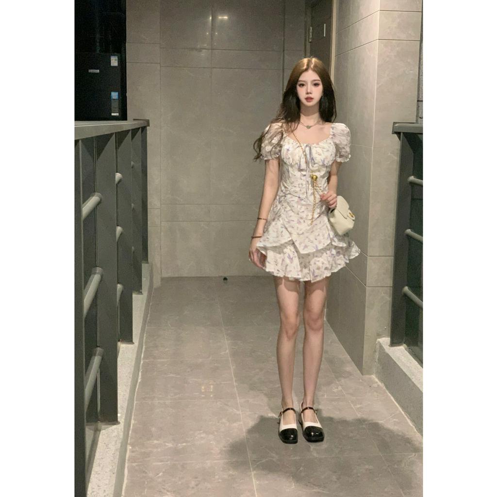 Cocory vn Đầm Chữ A Ngắn Tay Phồng Cổ Vuông Thời Trang Mùa Hè Cho Nữ