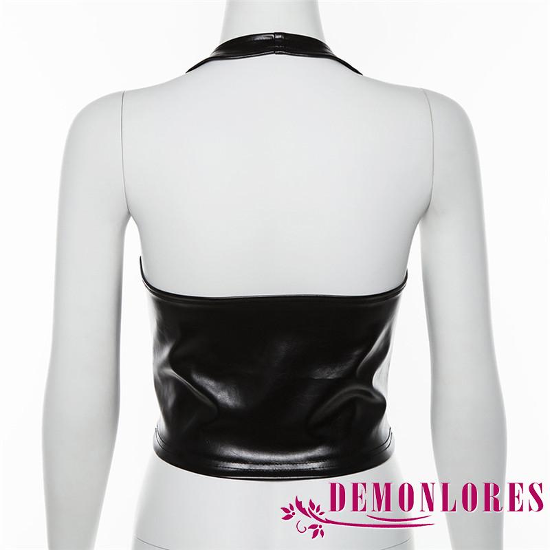 Áo croptop cổ yếm không tay bằng da PU thiết kế hở lưng buộc dây chéo phía trước thời trang quyến rũ cho nữ