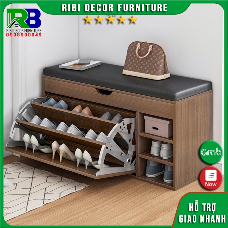 Tủ giày thông minh tủ giày gỗ 3 tầng có ghế ngồi để được giày cao gót ngang 80cm thiết kế đa năng chắc chắc TGTM452