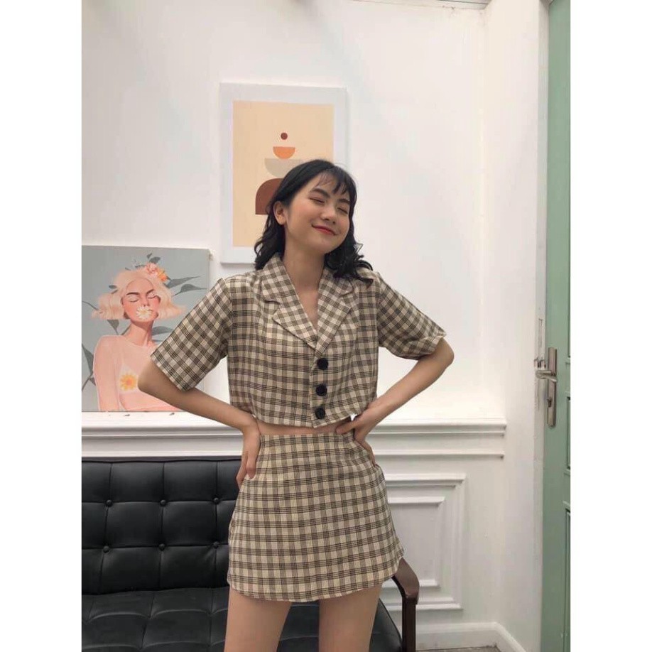 Set váy kẻ nhiều màu siêu hót / set áo vest và chân váy kẻ vintage