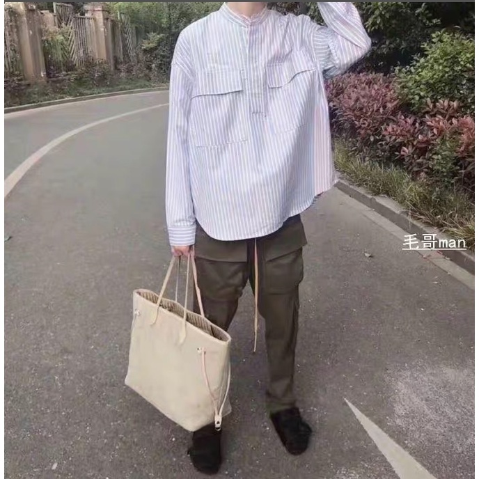 Áo Sơ Mi Tay Dài Cổ Henry Đính Nút Họa Tiết Kẻ Sọc Phong Cách Đường Phố Thời Trang Đường Phố Dành Cho Nam Và Nữ 6th