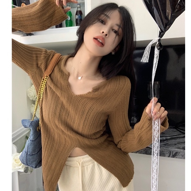 Áo Dệt Kim Tay Dài Cổ Chữ V Xẻ Tà Dáng Ôm Phong Cách Hàn Quốc Cổ Điển Thời Trang Cho Nữ