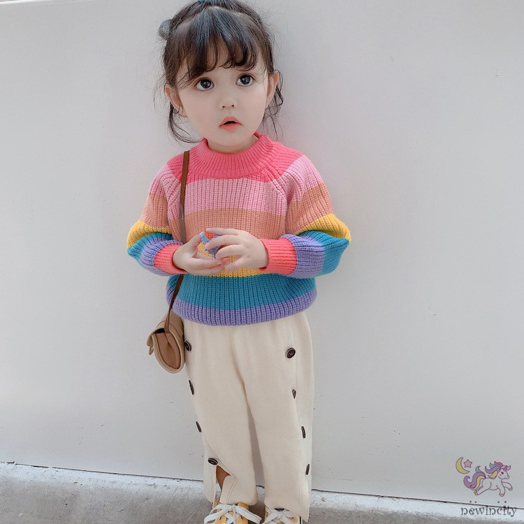 Áo len tay dài cổ tròn họa tiết màu cầu vồng Hàn Quốc dành cho bé gái