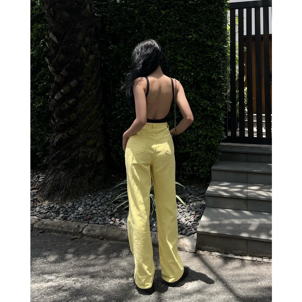 Quần jeans nữ suông dài, màu vàng, là min - STRAIGHT-LEG BUTTON JEANS - LEMON