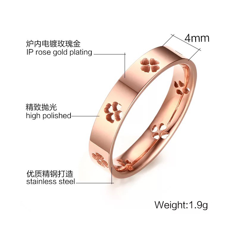 Nhẫn thép titan mạ vàng hồng thép titan 316L hình cỏ bốn lá thời trang Hàn Quốc cho nữ thích hợp làm quà tặng