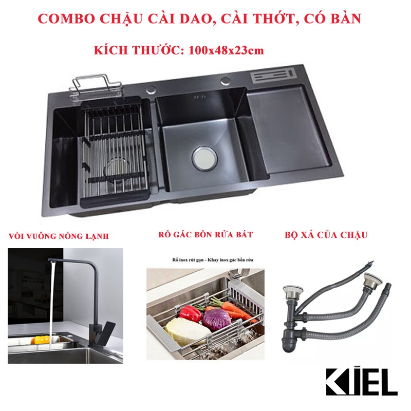 Chậu rửa chén bát 2 hố inox 304 phủ nano cài dao, cài thớt có hố rác 100x48,bảo hành 2 năm - COMBO chậu rửa chén nano