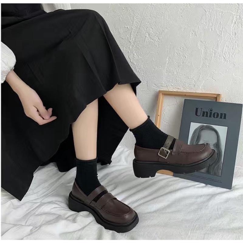 Giày búp bê kiểu dáng vintage da lì 2 quai ngang