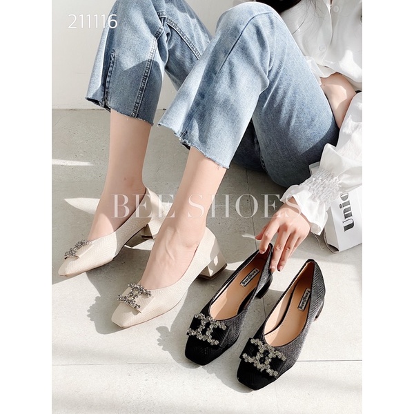 BEESHOES - GIÀY CAO GÓT NỮ MŨI VUÔNG  - GIÀY CAO GÓT NỮ GÓT TRỤ CAO 3 PHÂN SẴN MÀU ĐEN - KEM 211116