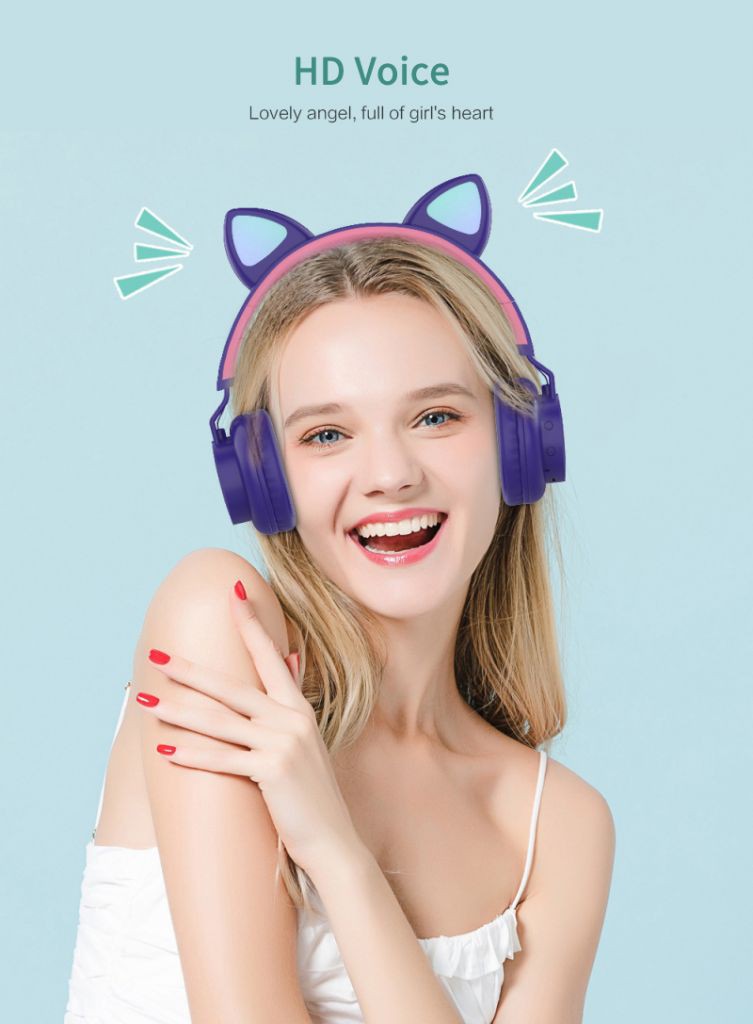 Tai Nghe Bluetooth 5.0 Không Dây Hình Tai Mèo Có Đèn Led Kèm Mic Cho Máy Tính / Điện Thoại