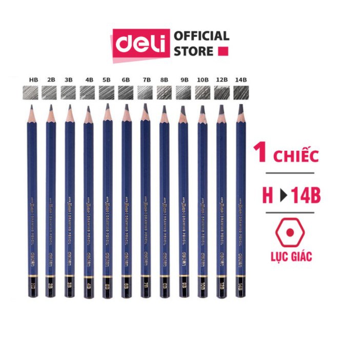 Bút chì phác thảo cao cấp Deli Độ cứng từ B - 14B, H, 2H, 3H, HB vẽ chuyên nghiệp mỹ thuật hội họa cụ đánh bóng khó gãy