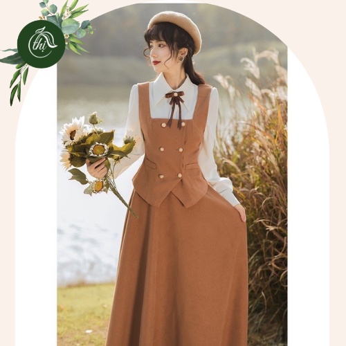 (Hàng có sẵn) Váy retro, áo sơ mi cổ thắt nơ, kèm áo gile kiểu dáng cổ điển, phong cách vintage, kiểu Pháp