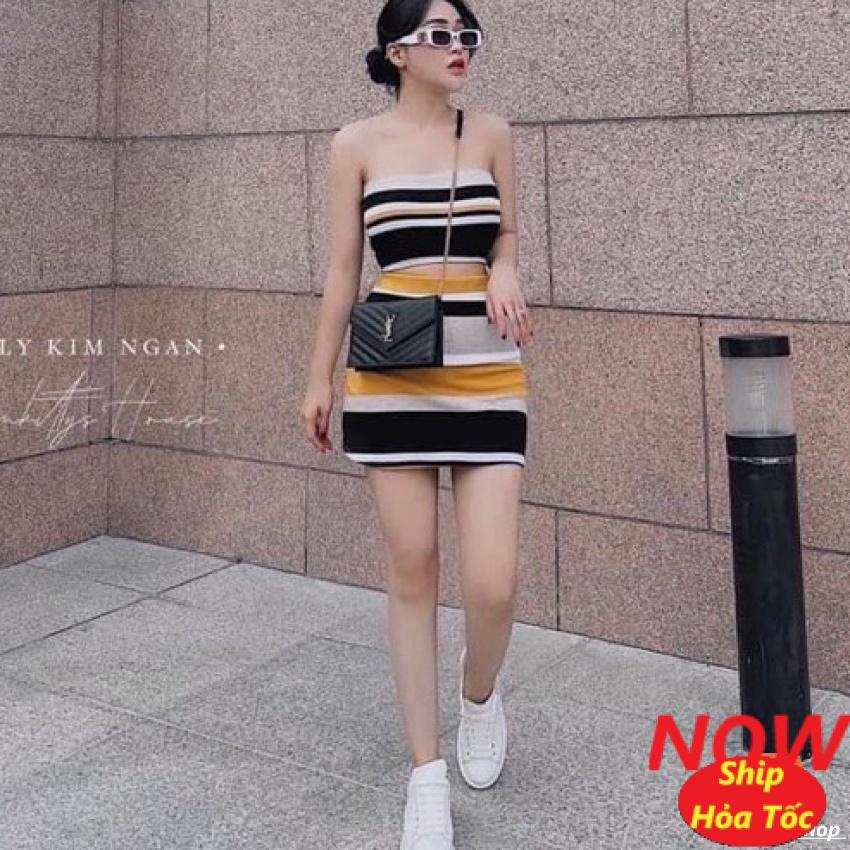 Sét bộ nữ áo sọc phối chân váy có quần gồm 2 sản phẩm chất vải thun Borip FreeSize dưới 54kg