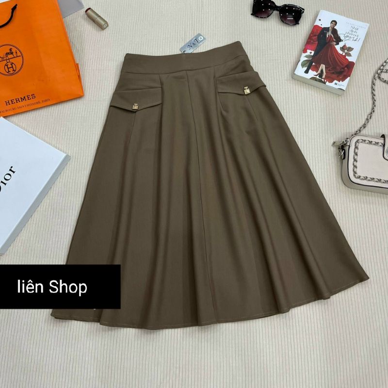 Chân Váy Xòe Công Sở 2 Túi Ở Trước Chất KaKi Hàn Thoải Mái Dễ Phối Đồ