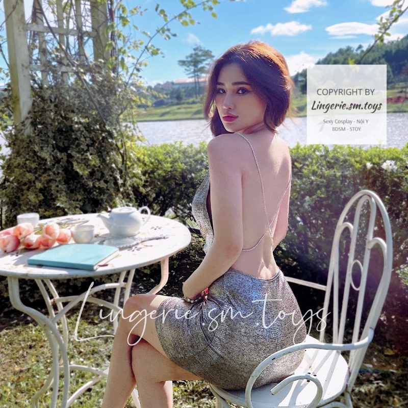 QR1223 - Váy Body Nhũ Bắt Sáng Nổi Bật - Đầm Cổ V - Đây Đính Đá Quyến Rũ