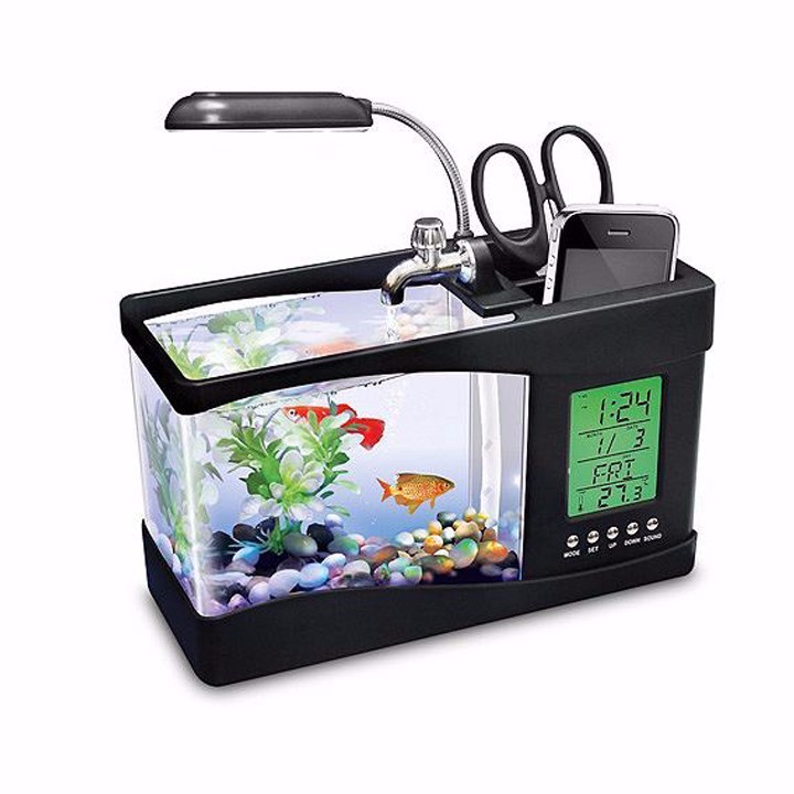 Bể Cá Phong Thủy Mini Kiêm Đồng Hồ Để Bàn