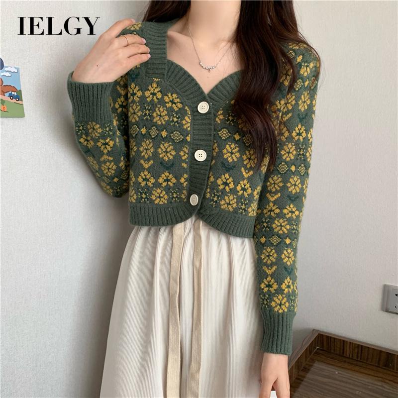 IELGY    Áo Khoác cardigan Dệt Kim Tay Dài In Họa Tiết Hoa Phong Cách Nhật Bản Cho Nữ
