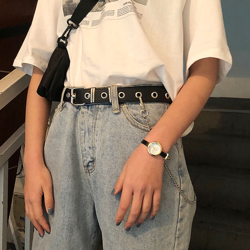 Thắt lưng đen phong cách Punk thiết kế đơn giản kèm dây đeo sợi xích thời trang