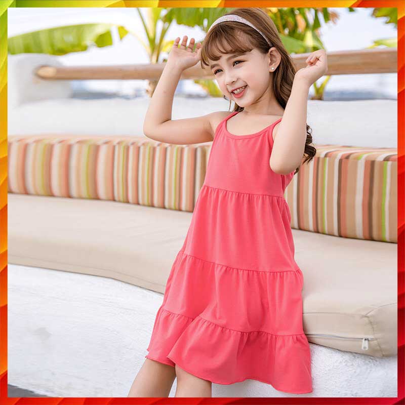 Váy đầm 2 dây cho bé gái MOMO chất cotton 3 tầng dáng xòe, Váy hai dây chất thun mềm mịn 10-25kg