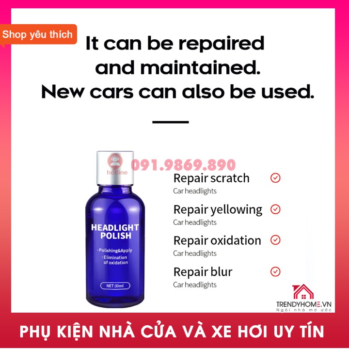 Combo lọ dung dịch làm mới đèn pha cao cấp. Tặng kèm bộ giấy giáp, nilon niêm phong, băng dính giấy, giấy cồn, khăn lau