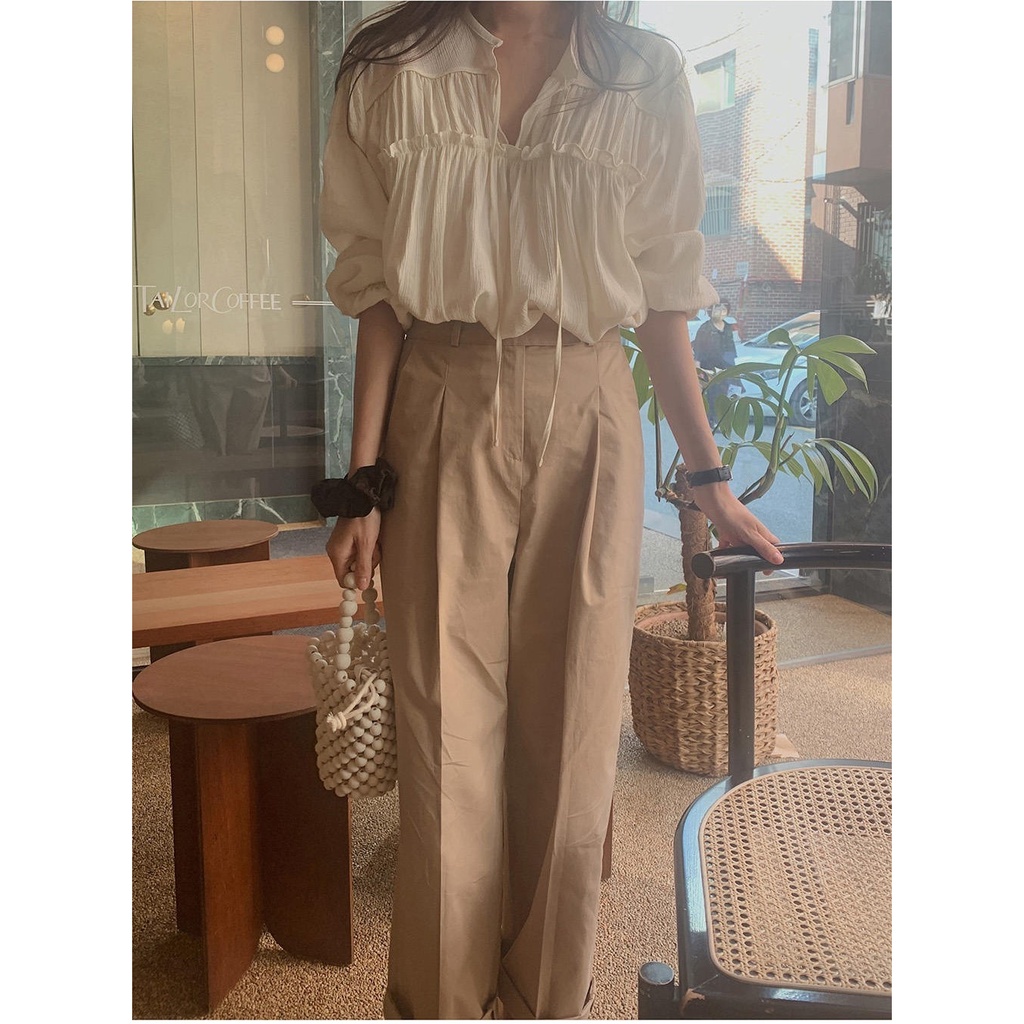 54420 Áo Sơ Mi Dài Tay Dáng Rộng Phối Dây Thắt Phong Cách Hàn Quốc Sành Điệu