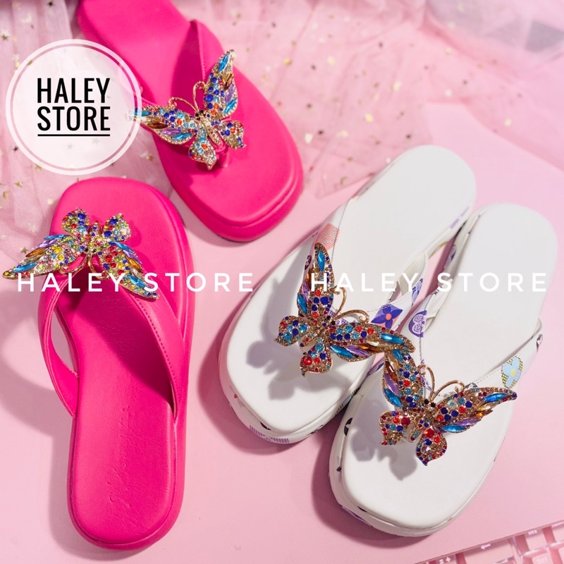 Dép nữ HALEY STORE đế bánh mì quai kẹp đính bư.ớm đá xoàn nhiều màu xinh rẻ bền đẹp tiểu thư sang trọng thời trang mới