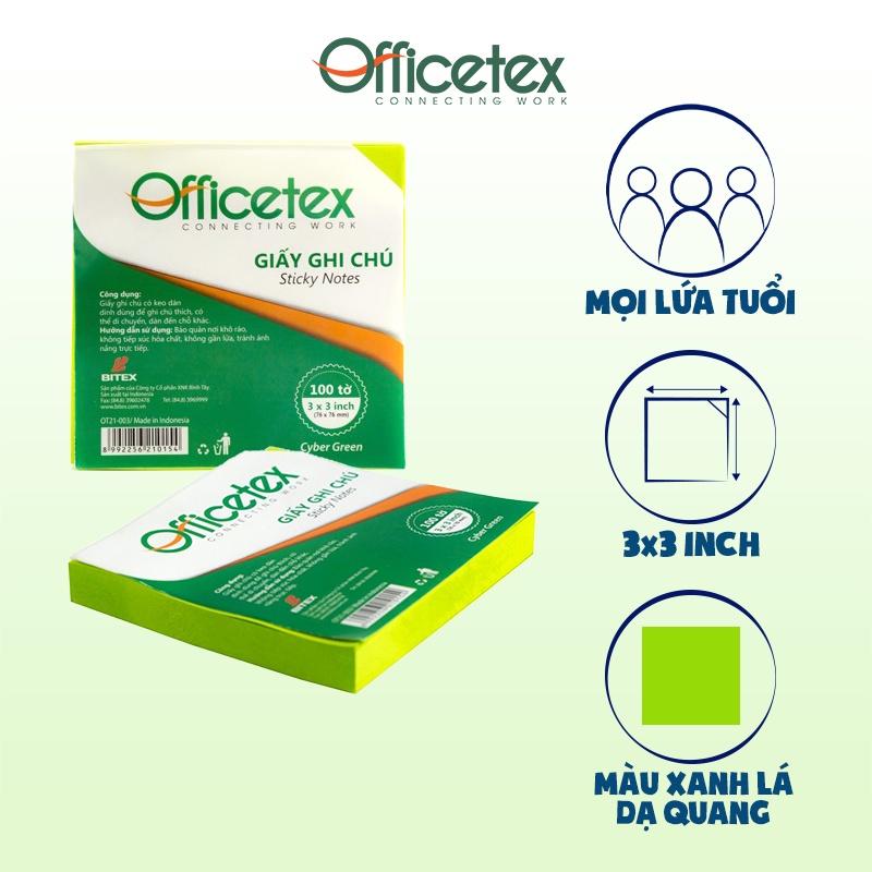 Giấy ghi chú Officetex 3 x 3 dạ quang nhiều màu