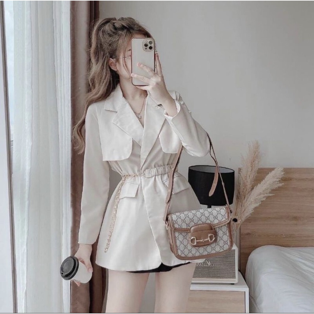 Áo vest nữ kèm đai xích hotgirl , blazer hàn quốc thanh lịch,siêu hack chiều cao ,hàng 2 lớp xịn xò
