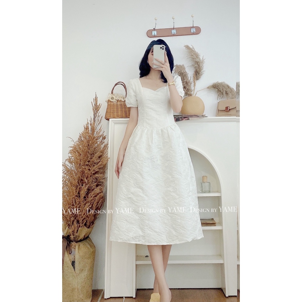 Váy chữ A trắng vải gấm tiểu thư sang chảnh YAME