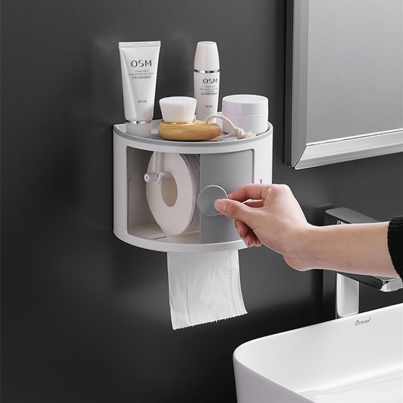 Kệ Nhà Tắm Dán Tường, Hộp Đựng Giấy Vệ Sinh OS01 Kệ Để Mỹ Phẩm Có Nắp Chống Bụi Nhựa ABS Cao Cấp