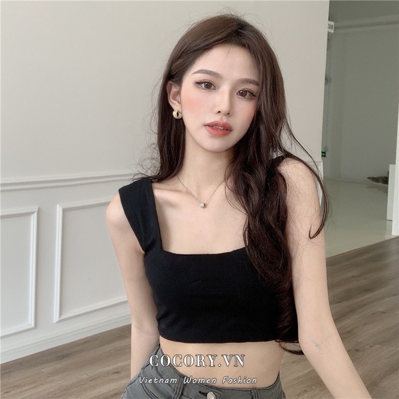 Cocory vn Áo kiểu cổ vuông trễ vai vải cotton cho nữ