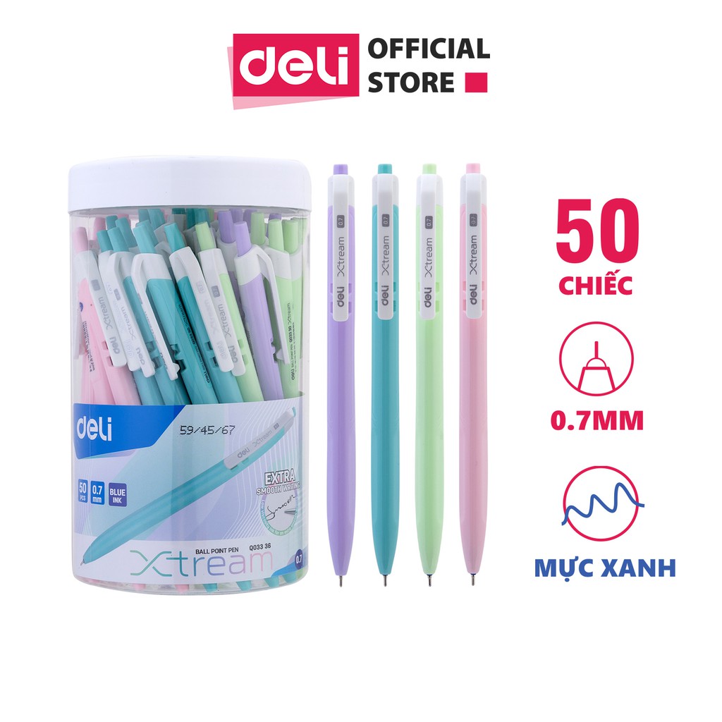 [Mã LIFEDELI20K5 giảm 20K đơn 0Đ] Bút bi dầu Deli - 0.7mm đầu bấm - 50 chiếc/hộp - EQ03336/EQ03236/EQ02836