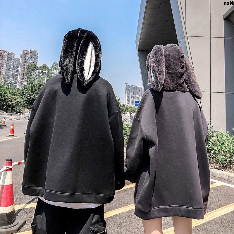 Áo Khoác Hoodie Phối Nhung Dày Cỡ Lớn Kiểu Hip-hop Dễ Thương Cho Các Cặp Đôi