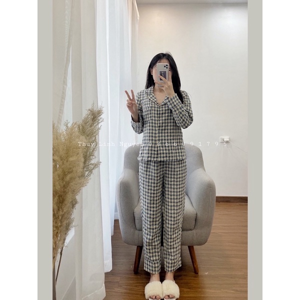 [Ảnh Thật] Bộ ngủ kẻ đũi pha nhung_Chất mềm_Không nhăn | BigBuy360 - bigbuy360.vn