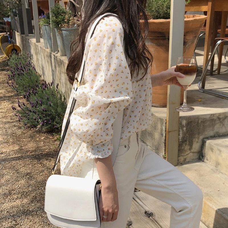 Áo Voan Dài Tay In Hoa Xinh Xắn Theo Phong Cách Hàn Quốc