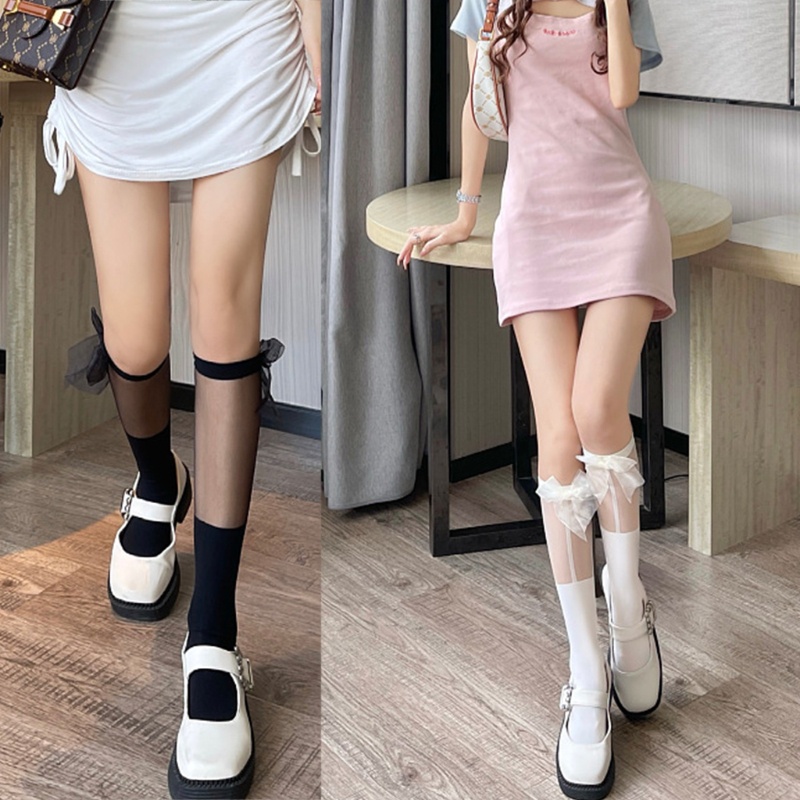Youyo Vớ Lưới Cao Tới Đầu Gối Phối Ruy Băng Kẻ Sọc Kiểu Lolita Ngọt Ngào Cho Nữ