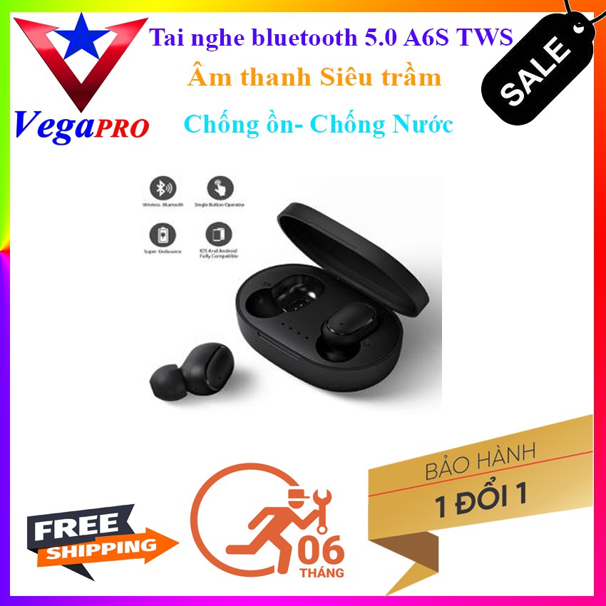 [MỚI 2020]-Tai Nghe bluetooth True Wireless-A6S TWS VEGA PRO công nghệ Siêu trầm Chống ồn-Chống nước-Có Micro