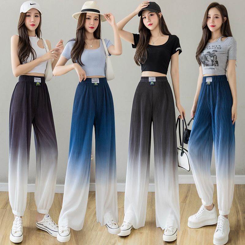 Quần dài lụa lạnh lưng cao dáng rộng màu gradient thời trang mùa hè 2021