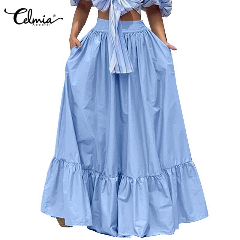 Chân váy maxi CELMIA dáng xòe lưng cao lai bèo xếp ly size lớn dành cho bạn nữ