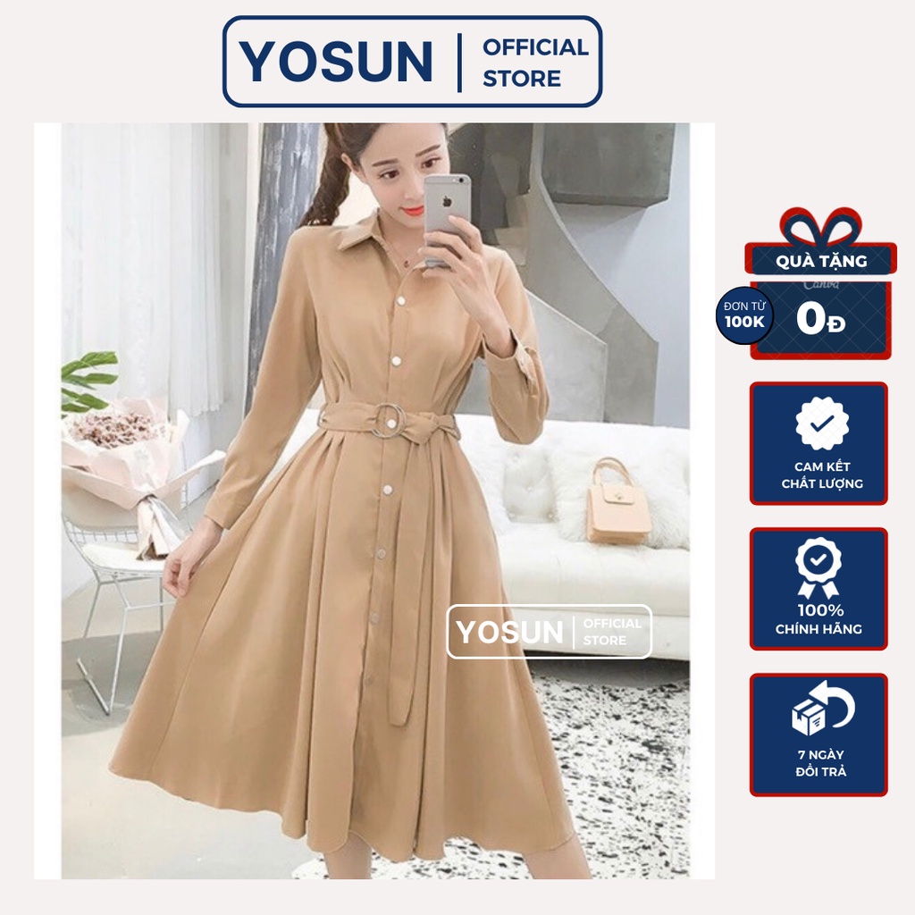 Đầm Nữ Công Sở Dáng Sơ Mi Tay Dài Kèm Belt Thanh Lịch, Váy Nữ Dạo Phố Form Xòe Nút Trắng Thục Nữ Màu Kem