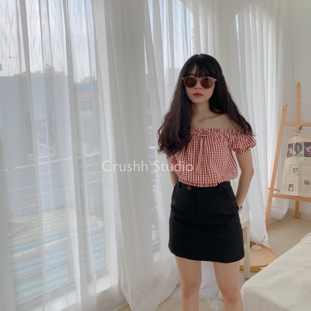 A02- Áo bẹt vai caro đỏ