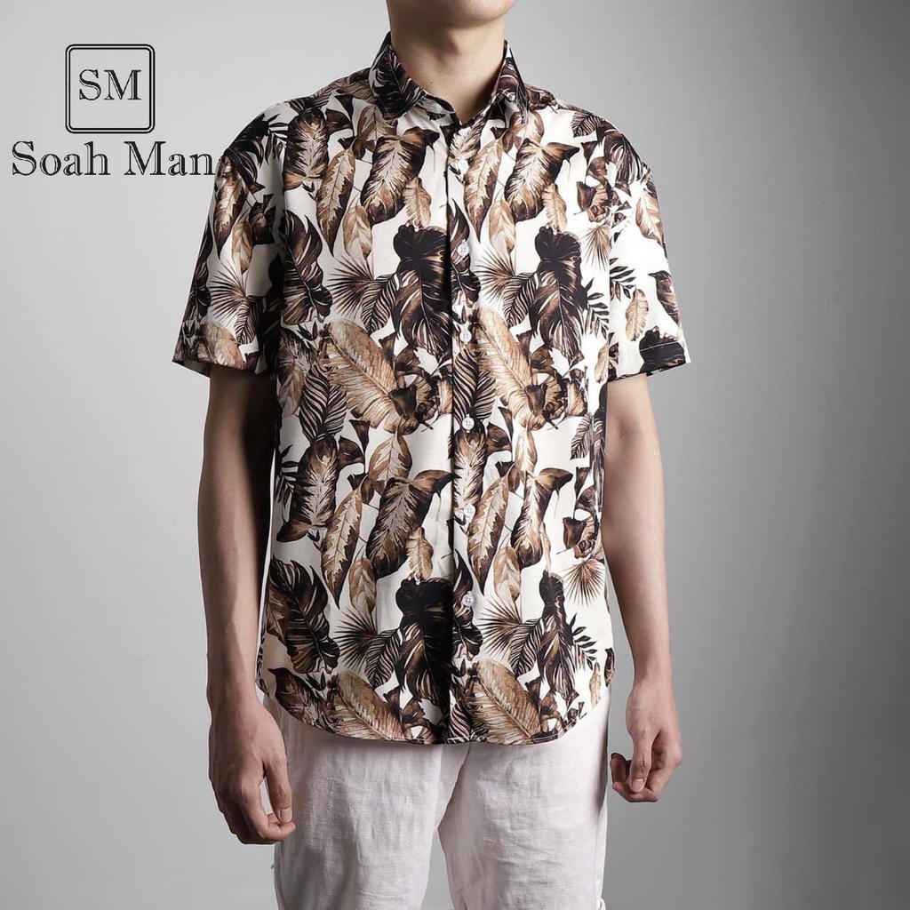 Áo sơ mi nam họa tiết brown feathers vải lụa thoáng mát, thấm hút, không nhăn, form suông Sh023