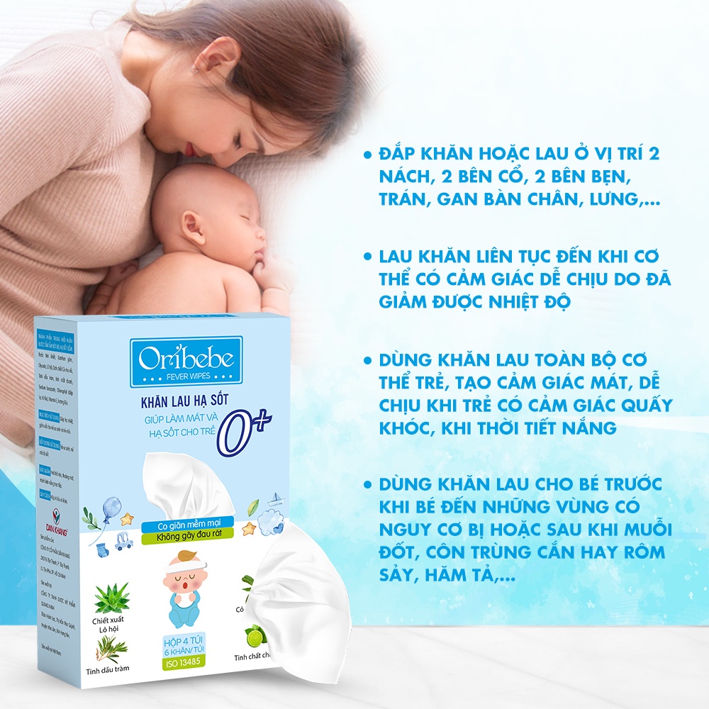 Khăn Lau Hạ Sốt 0+ Oribebe Dan Khang Cho Bé Giúp Hạ Nhiệt Giảm Sốt Hộp 4 Túi x 6 Khăn