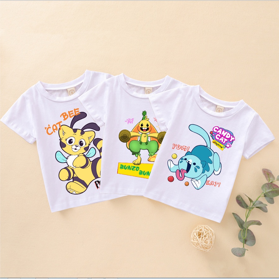 Áo thun phông màu trắng in hình nhân vật bee cat bunzo bron trong Poppy Playtime 2 cực chất cho bé trai bé gái