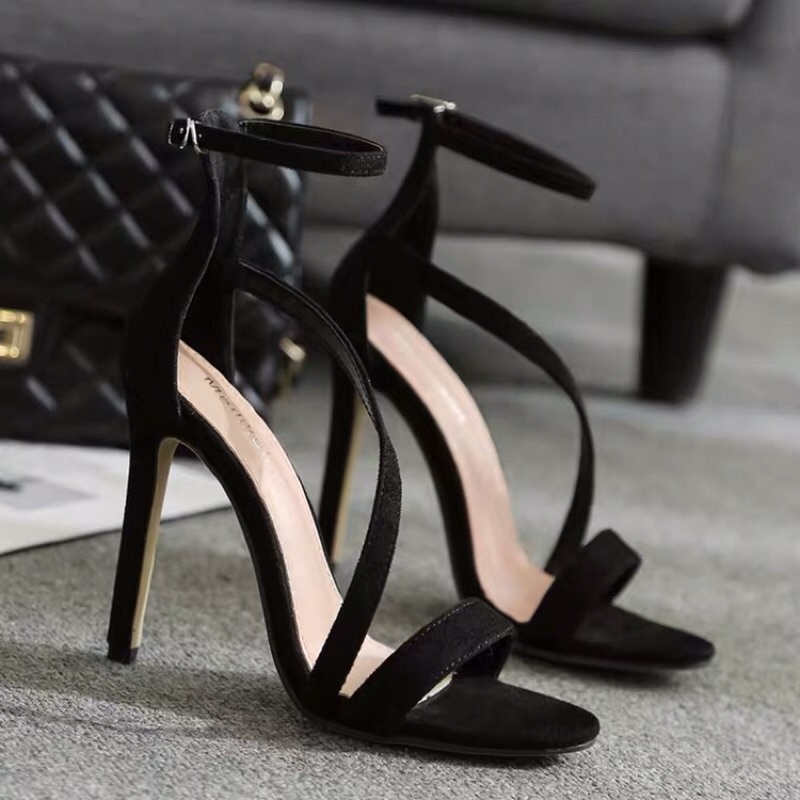 Giày sandal cao gót kiểu dáng quai chéo mũi nhọn chất liệu da lộn, SD1, Oula Store