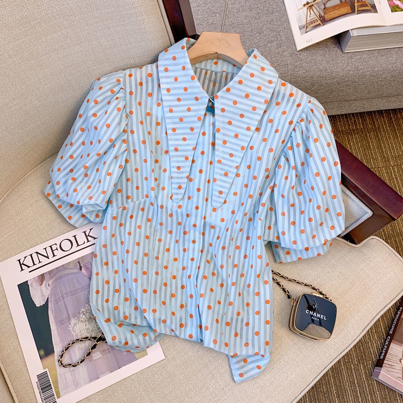 Áo Sơ Mi Chiffon Tay Ngắn Họa Tiết Chấm Bi Thời Trang Xu Hướng Mới Dành Cho Bạn Nữ