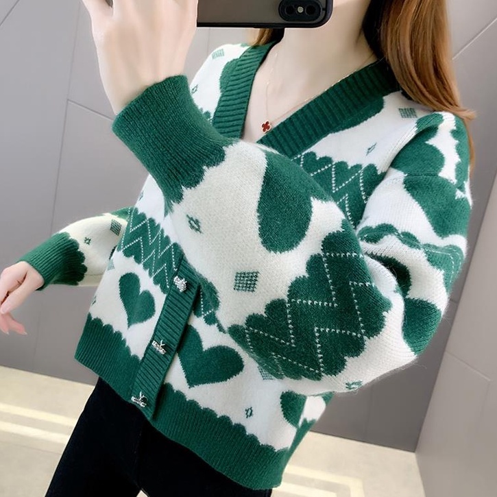【ZHELIHANGFEI】Áo Cardigan Dệt Kim Tay Dài Cổ Chữ V Dáng Rộng Lưng Cao Dễ Phối Đồ