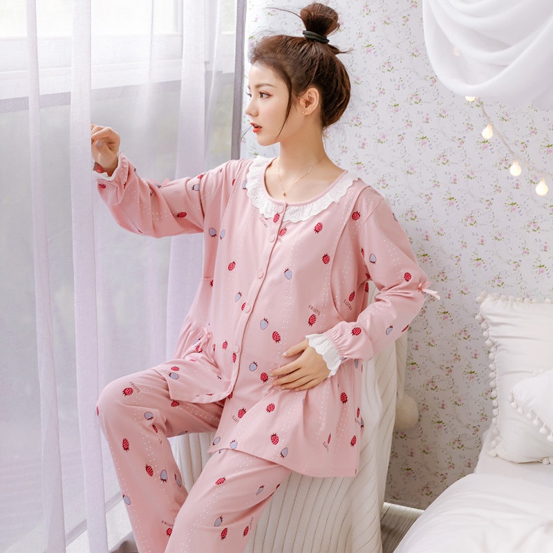 Bộ bầu - sau sinh mặc nhà - cho con bú - 2 chức năng - chất liệu cotton ( Qủa dâu chấm sọc - Dài )