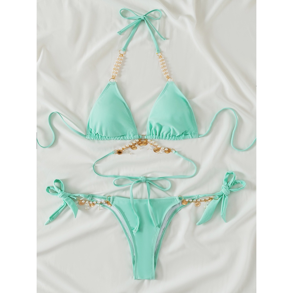 Bộ Bikini Màu Trơn Đính Đá Tua Rua Zms36