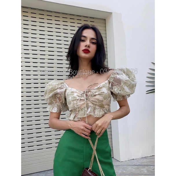 258 Áo croptop tay phồng TRÂM ANH BOUTIQUE vải gấm hoa